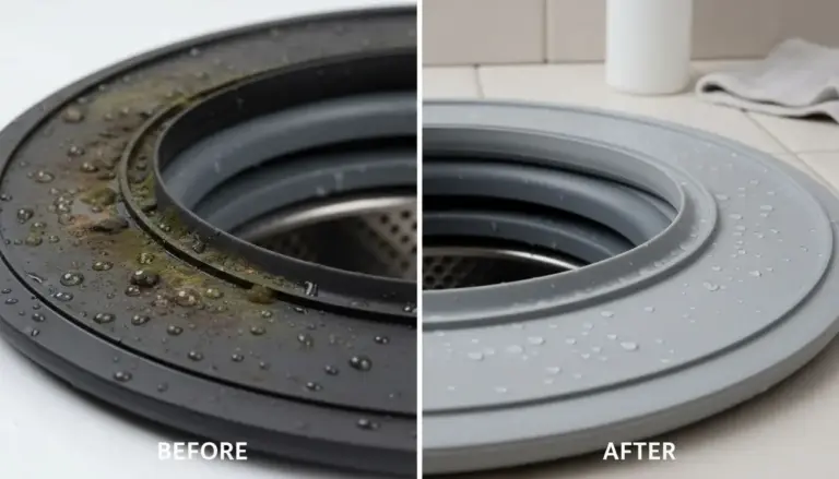 Guarnizione di lavatrice con muffa a sinistra e pulita a destra