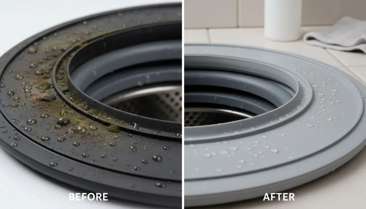 Guarnizione di lavatrice con muffa a sinistra e pulita a destra