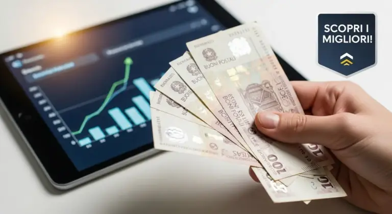 Mano che tiene buoni fruttiferi postali davanti a un tablet con grafico finanziario