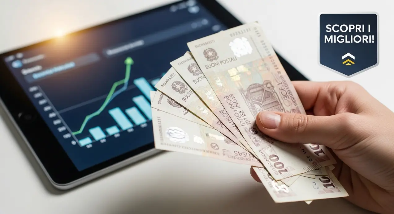 Mano che tiene buoni fruttiferi postali davanti a un tablet con grafico finanziario