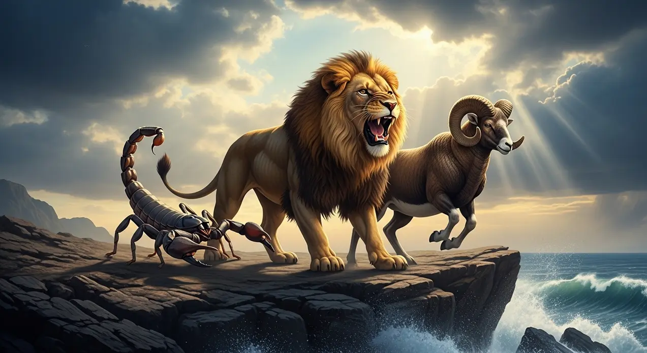 Un leone, un ariete e uno scorpione su una scogliera con il mare in tempesta sullo sfondo