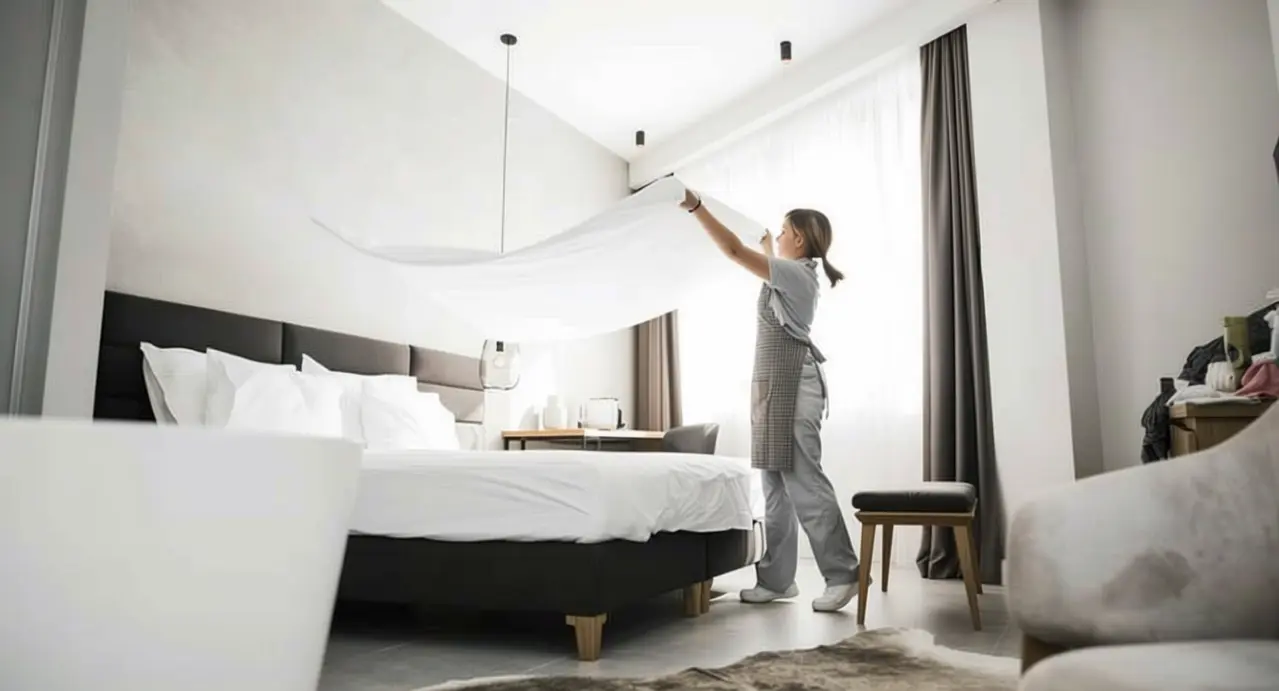 Una persona sistema le lenzuola in una stanza luminosa di un B&B