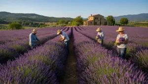 Persone raccolgono lavanda in un campo fiorito al tramonto, con una casa di campagna sullo sfondo