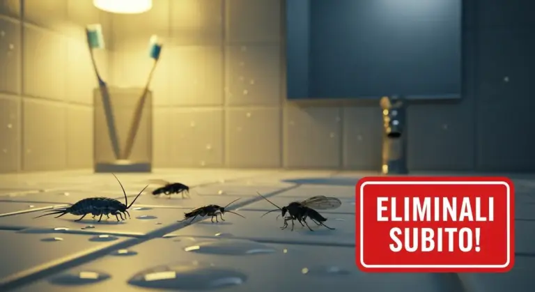 Insetti sul pavimento di un bagno illuminato, vicino a gocce d'acqua