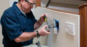 Tecnico installa una presa elettrica su una parete interna