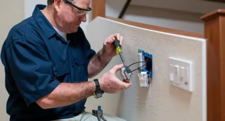 Tecnico installa una presa elettrica su una parete interna