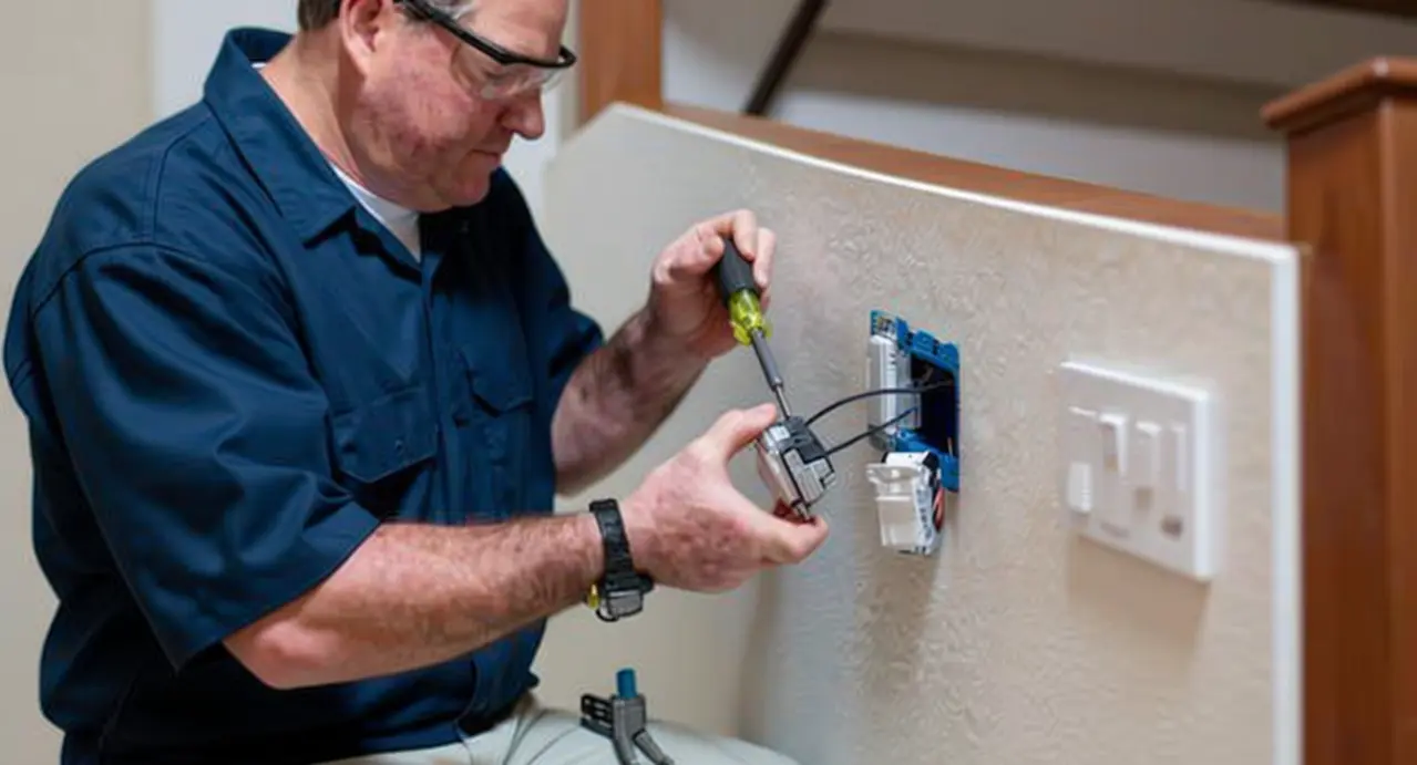Tecnico installa una presa elettrica su una parete interna