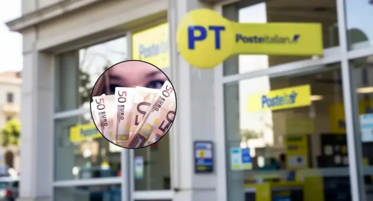 Persona con banconote da 50 euro davanti a un ufficio postale