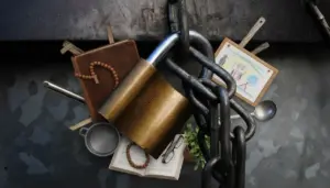 Oggetti quotidiani protetti da un grande lucchetto e catena