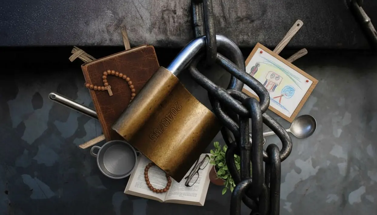 Oggetti quotidiani protetti da un grande lucchetto e catena