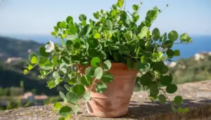 Pianta di cappero in vaso di terracotta su un terrazzo soleggiato con vista panoramica