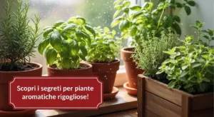 Vasi di piante aromatiche come basilico, rosmarino e timo su un davanzale soleggiato