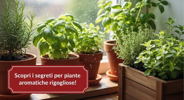 Vasi di piante aromatiche come basilico, rosmarino e timo su un davanzale soleggiato