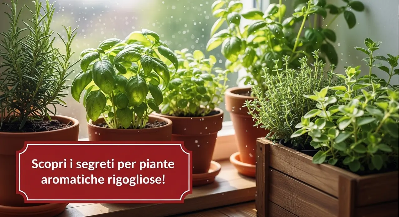 Vasi di piante aromatiche come basilico, rosmarino e timo su un davanzale soleggiato