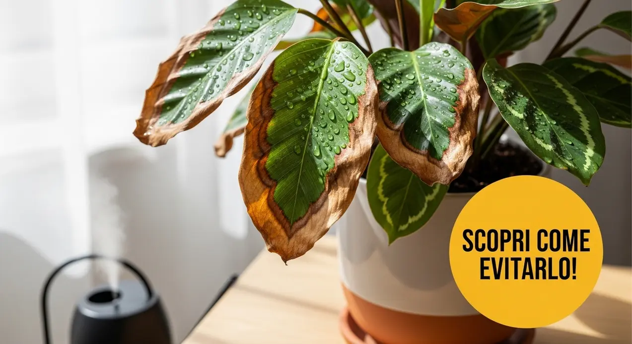 Foglie di una pianta da interno con punte marroni e gocce d'acqua