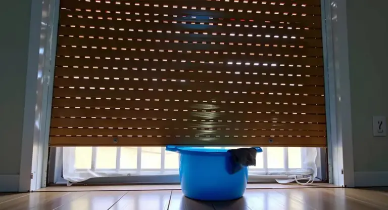 Secchio blu con panno davanti a tapparella parzialmente abbassata