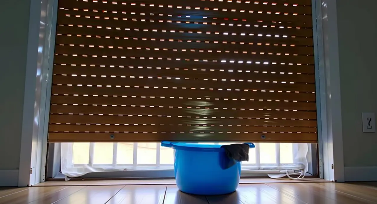 Secchio blu con panno davanti a tapparella parzialmente abbassata