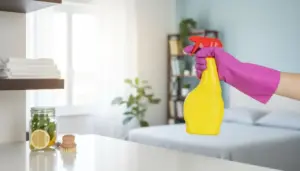 Persona con guanti di gomma tiene uno spruzzatore in una stanza ordinata