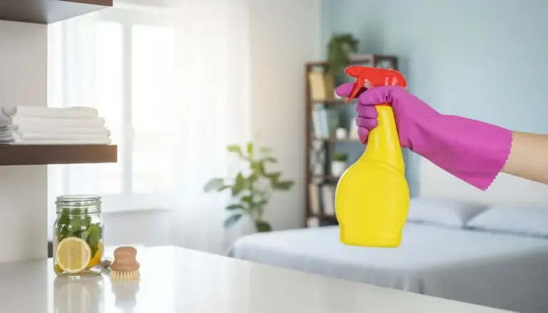 Persona con guanti di gomma tiene uno spruzzatore in una stanza ordinata