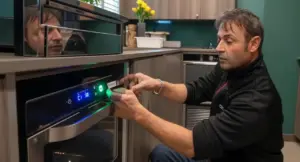 Persona che effettua la manutenzione di un forno in una cucina moderna