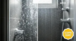 Porta del box doccia con calcare a sinistra e pulita a destra