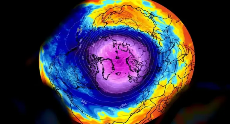 Mappa meteorologica che mostra le temperature nella stratosfera sopra l'emisfero nord