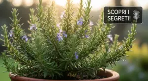 Pianta di rosmarino in vaso con fiori viola, illuminata dalla luce del sole