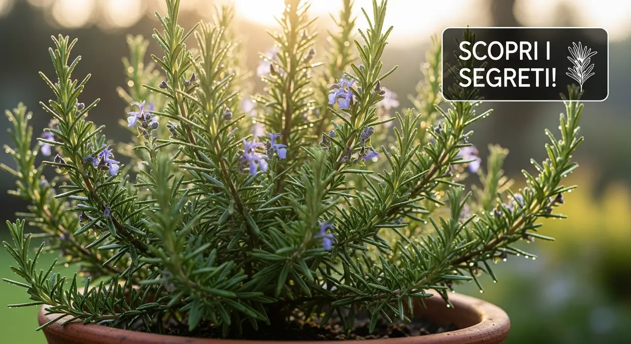 Pianta di rosmarino in vaso con fiori viola, illuminata dalla luce del sole