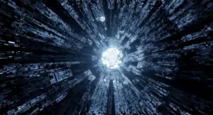 Visualizzazione astratta di un tunnel digitale futuristico con luce al centro