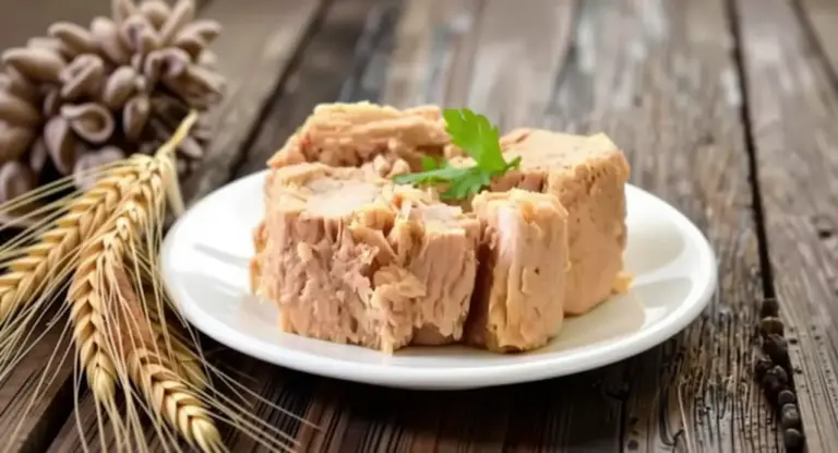 Tranci di tonno sott'olio su un piatto bianco con decorazioni naturali