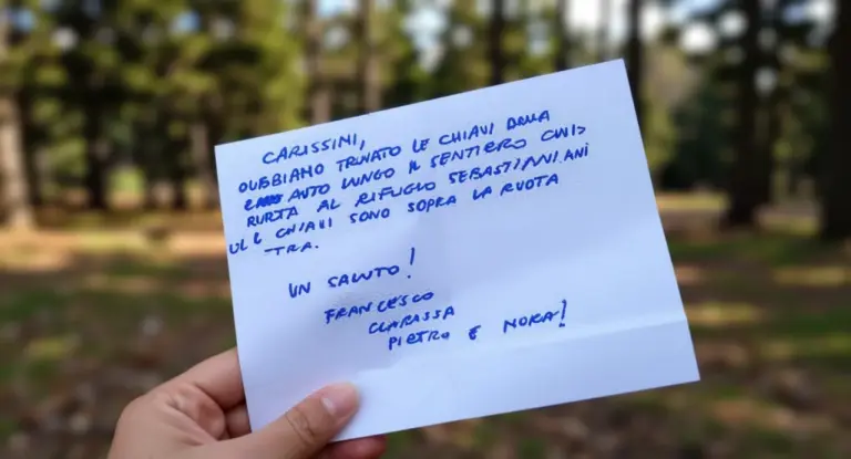 Una mano tiene un biglietto scritto a mano all'aperto in un parco o bosco