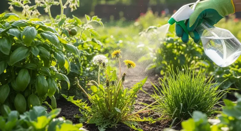 Una mano con guanto verde spruzza aceto su erbacce in un orto soleggiato