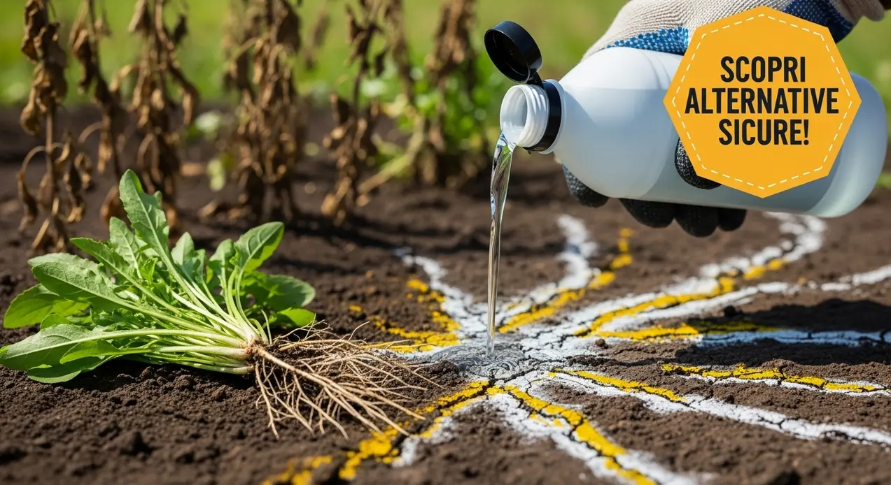 Liquido versato da un contenitore su terreno con erbacce estirpate