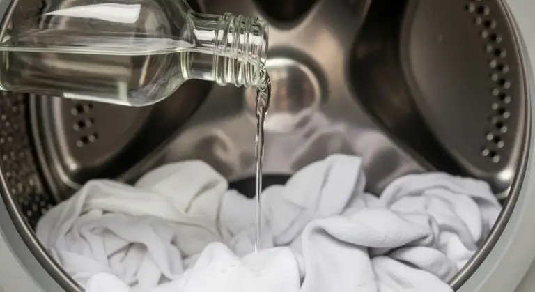 Aceto versato su panni bianchi all'interno del cestello di una lavatrice