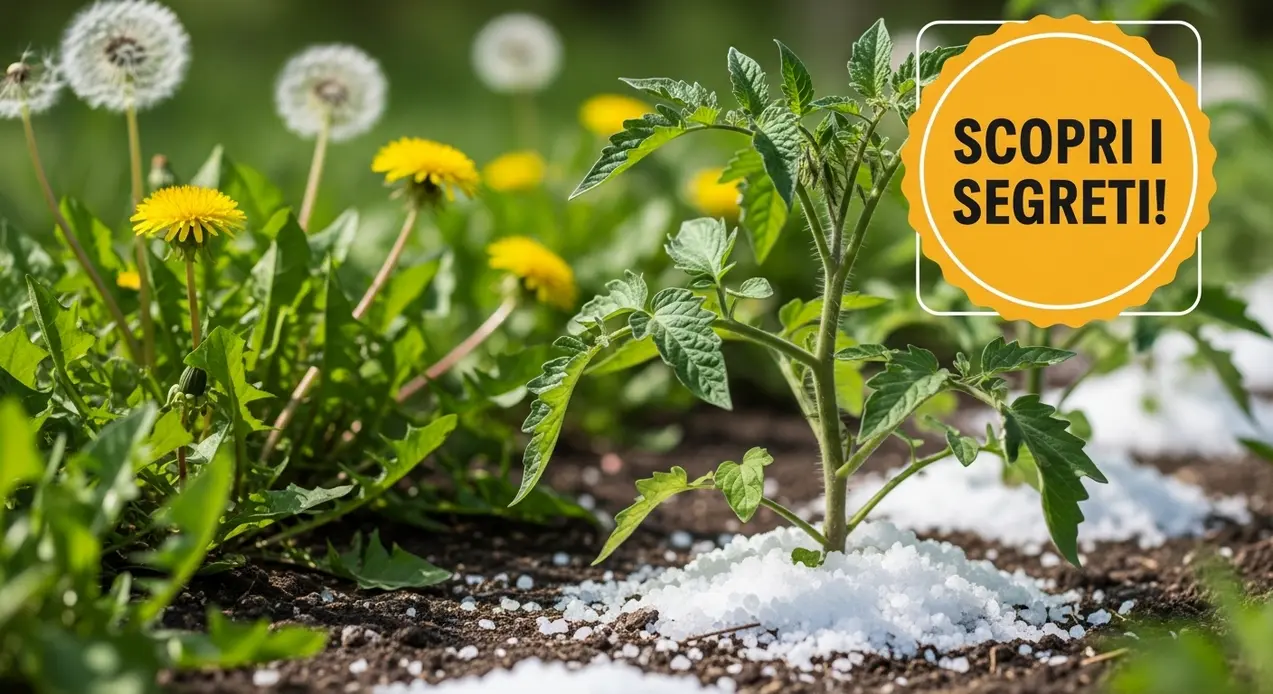 Sale grosso sparso nel terreno vicino a piante e erbacce in un orto