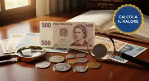 Vecchie lire italiane con banconote e monete su un tavolo con lente d'ingrandimento