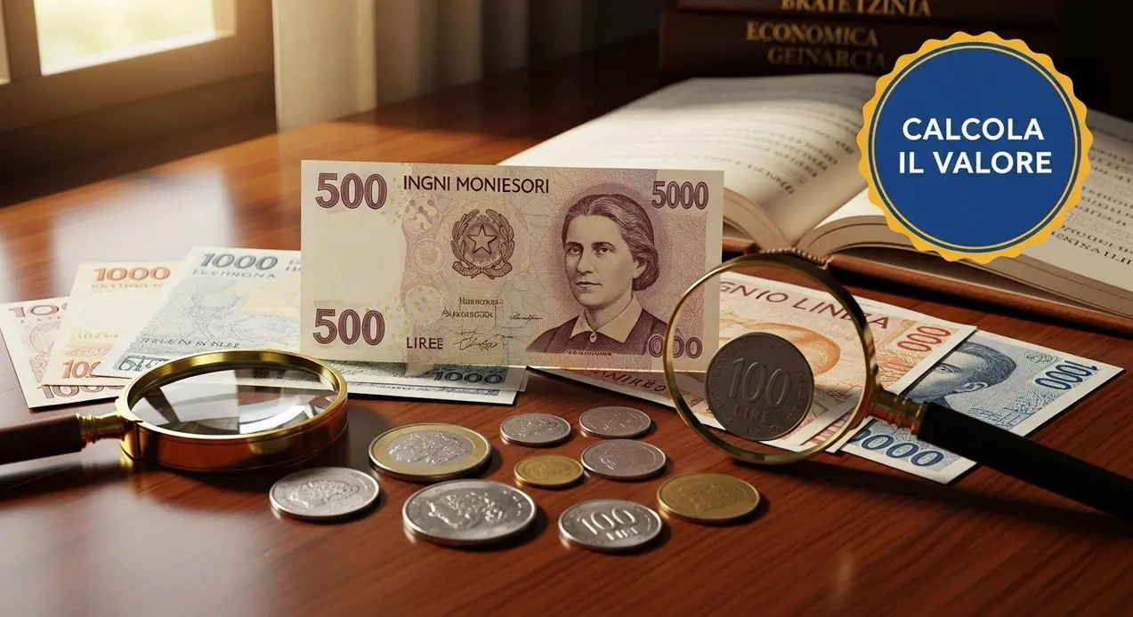 Vecchie lire italiane con banconote e monete su un tavolo con lente d'ingrandimento