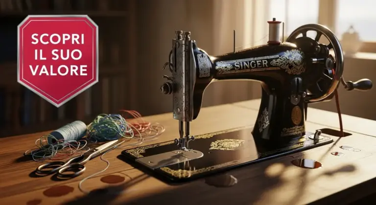 Macchina da cucire vintage su un tavolo con forbici e fili colorati