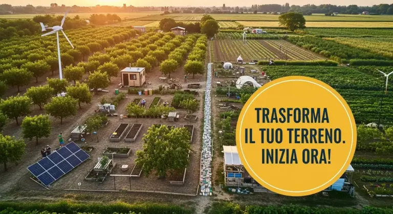 Vista aerea di un terreno agricolo riqualificato con orti, pannelli solari e strutture sostenibili