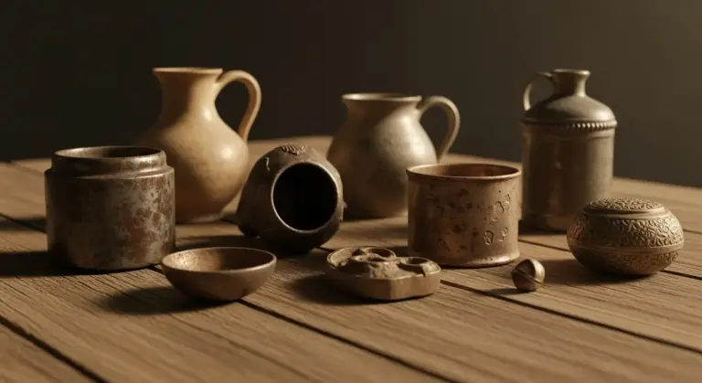 Vecchi oggetti in metallo e ceramica disposti su una superficie in legno