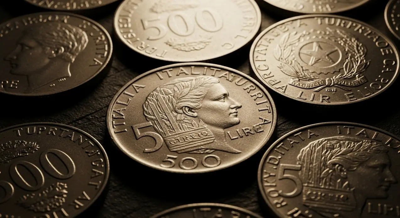 Vecchie monete da 500 lire italiane disposte su una superficie scura